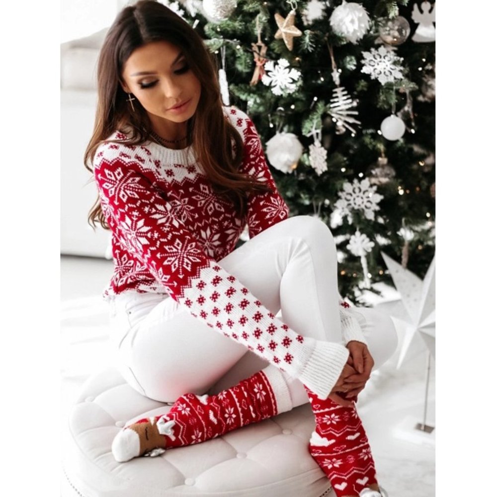 Red and White Christmas Sweater For Women Knitted Full Sleeve Bright & Beautiful - Picture 4 of 7